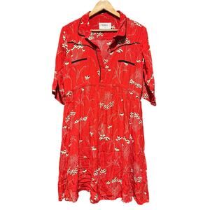Ba&sh Mid-Length Dress - Red with Floral Detail - Size 2